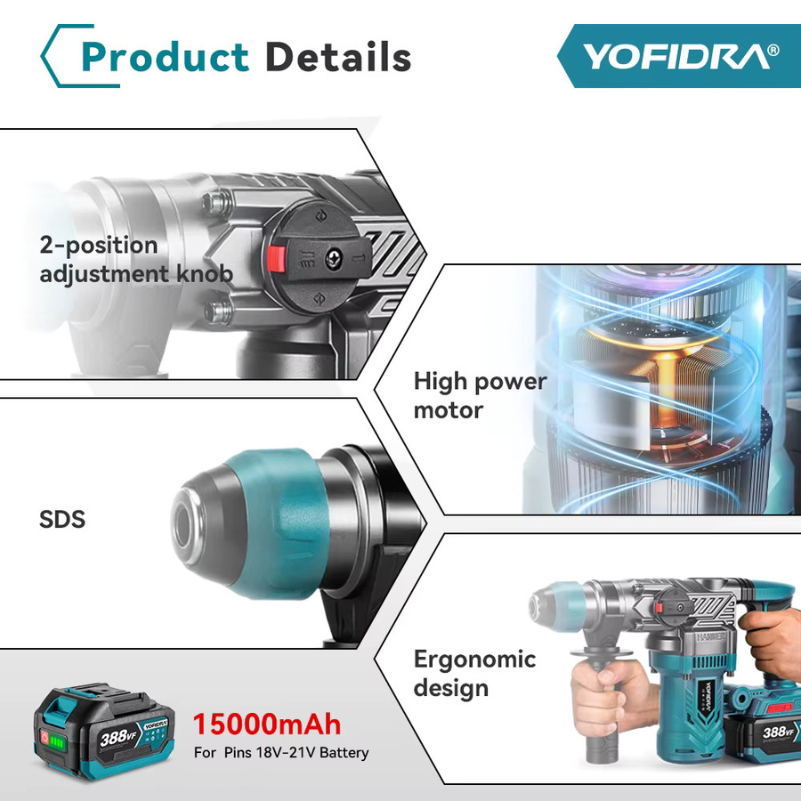 Multifunktionaler bürstenloser Akku-Schlagbohrer von Makita mit 26 mm Bohreraufnahme, kompatibel mit Makita 21V LXT Akkus - Bild 6