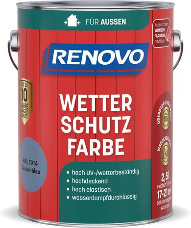 RENOVO Wetterschutzfarbe für Holz, wasserbasiert, Taubenblau RAL 5014, seidenglänzend, 2,5 l - Bild 1