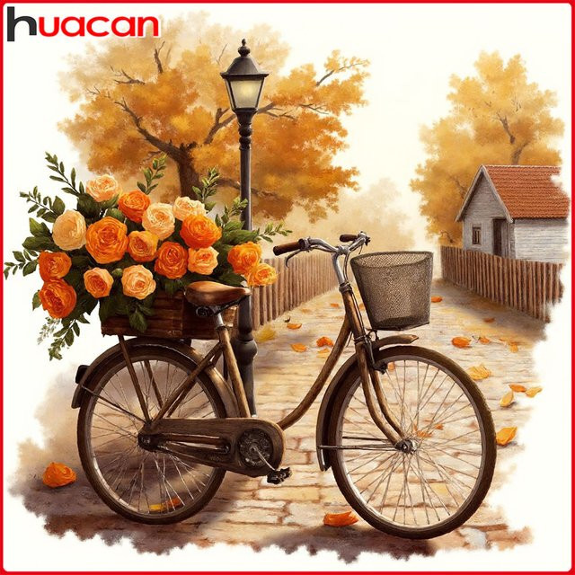 Huacan Diamant-Gemälde Fahrrad Herbst Blume Landschaft, Bastelset - Bild 1