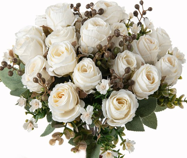 Künstliche Rosen aus Seide in Weiß und Braun für Hochzeitsstrauß und Dekoration - Bild 1
