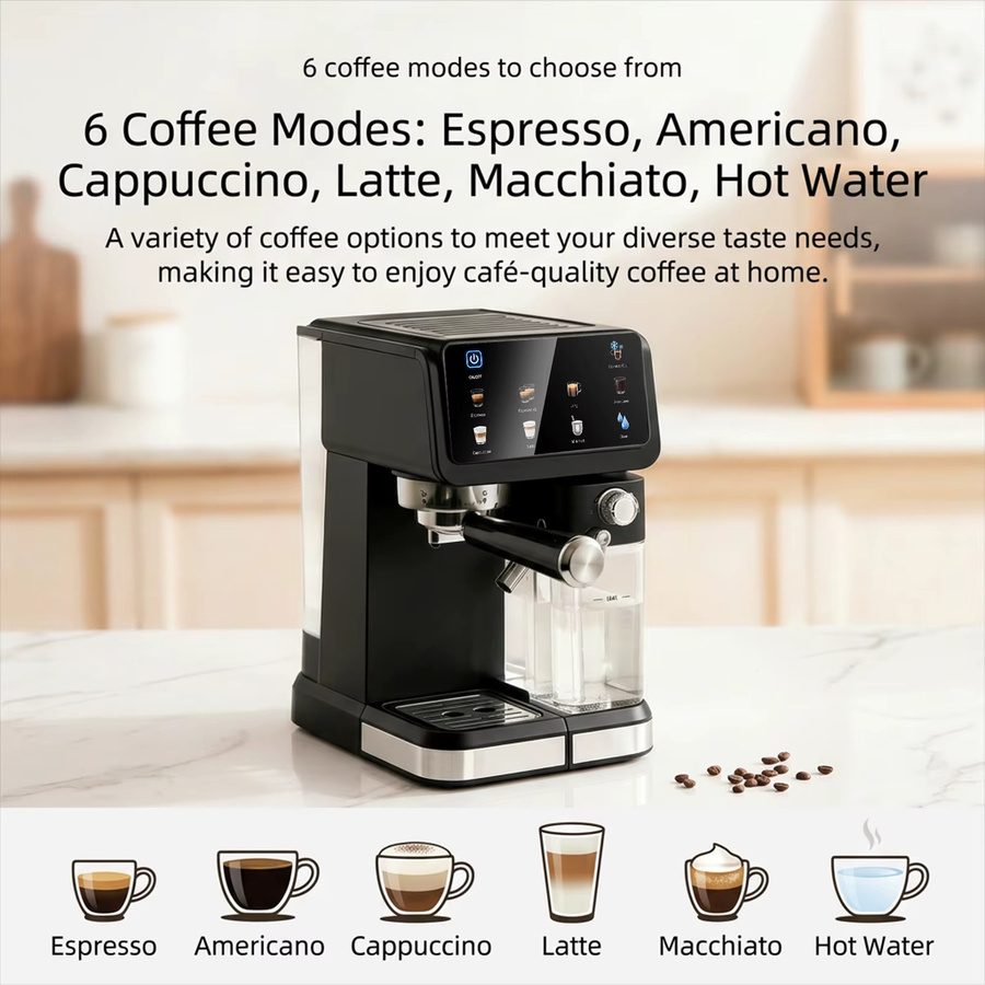 Podofo Espressomaschine mit 20 Bar und 1350W, All-in-One Kaffeemaschine mit integriertem Milchaufschäumsystem und Cold Brew Funktion, erhältlich in Weiß oder Schwarz - Bild 2