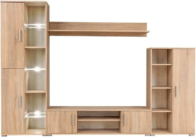 vidaXL TV Wohnwand mit LED-Leuchten in Braun, bestehend aus TV-Schrank, Regalen und 2 Seitenschränken, B/T/H: 260 x 30 x 180 cm - Bild 1