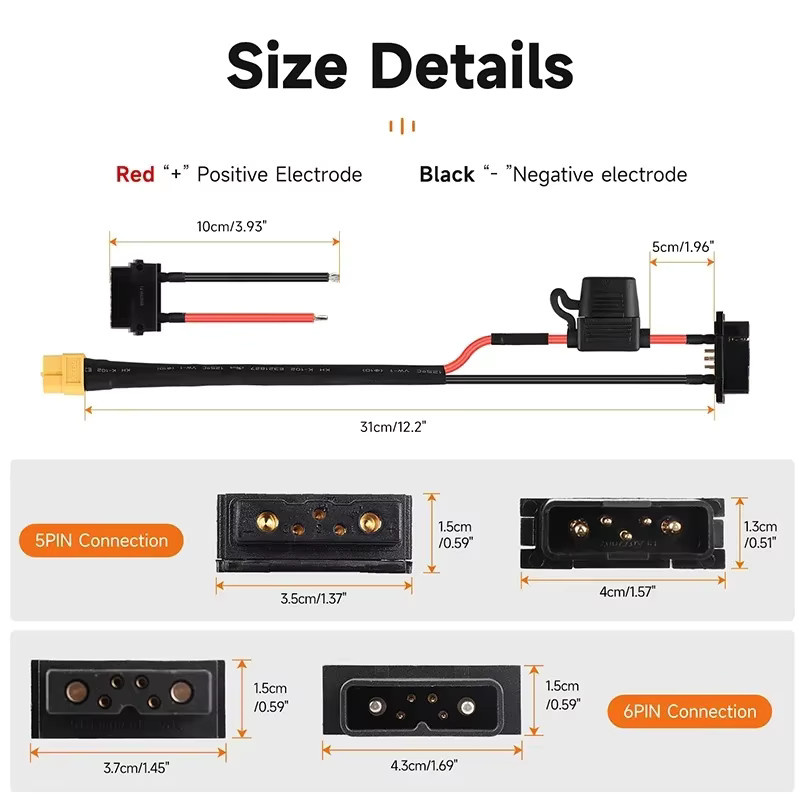 DIVEDEER XT60 auf 5Pin Batteriekasten Entladungsstecker Adapter für E-Bike Power Batterie Basis Ersatzteil in Schwarz mit 10AWG und 50A Sicherungshalter - Bild 4