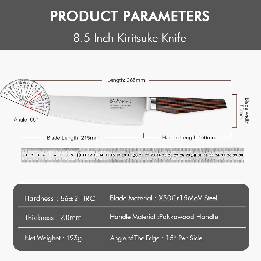 Turwho Kiritsuke Messer aus High Carbon Edelstahl x50cr15mov in Silber mit Holzgriff, 21,59 cm - Bild 6