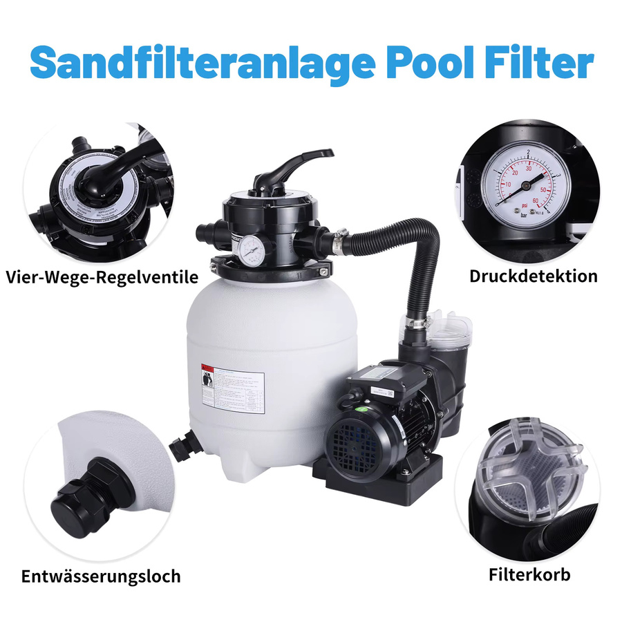 Joybach Sandfilteranlage für Pool mit 250W und 8000L/h, 12 Zoll Sandfilterbehälter in Weiß, effizientes Filtersystem mit 4-Wege-Ventil und Manometer für Aufstellpools und Gartenpools - Bild 5