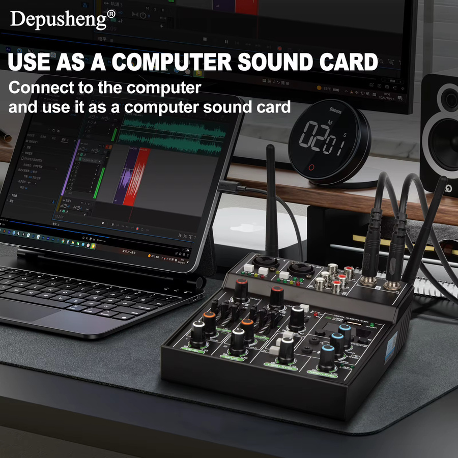 Depusheng Professioneller 4-Kanal Audio-Mixer in Schwarz mit zwei drahtlosen Mikrofonen, Bluetooth, USB-Schnittstelle und 48V Phantomspeisung für DJ-Mixing und PC-Aufnahmen - Bild 3