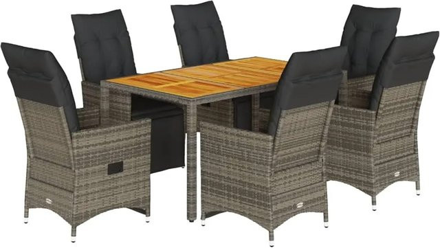 vidaXL 7-tlg Garten-Bistro-Set aus Akazienholz und grauem Poly-Rattan mit Kissen - Bild 1