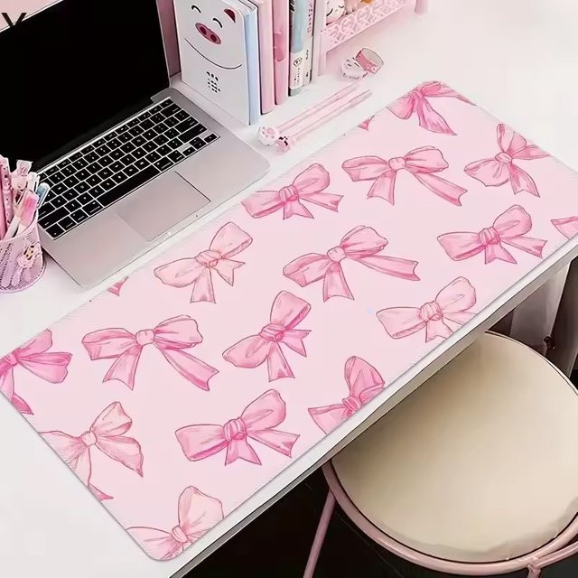 Potdemiel Mauspad Rosa mit Schleifen-Design, Großes Schreibtischpad B/B: 90 x 40 cm, Rutschfeste Spielmatte für Büro und Zuhause - Bild 1