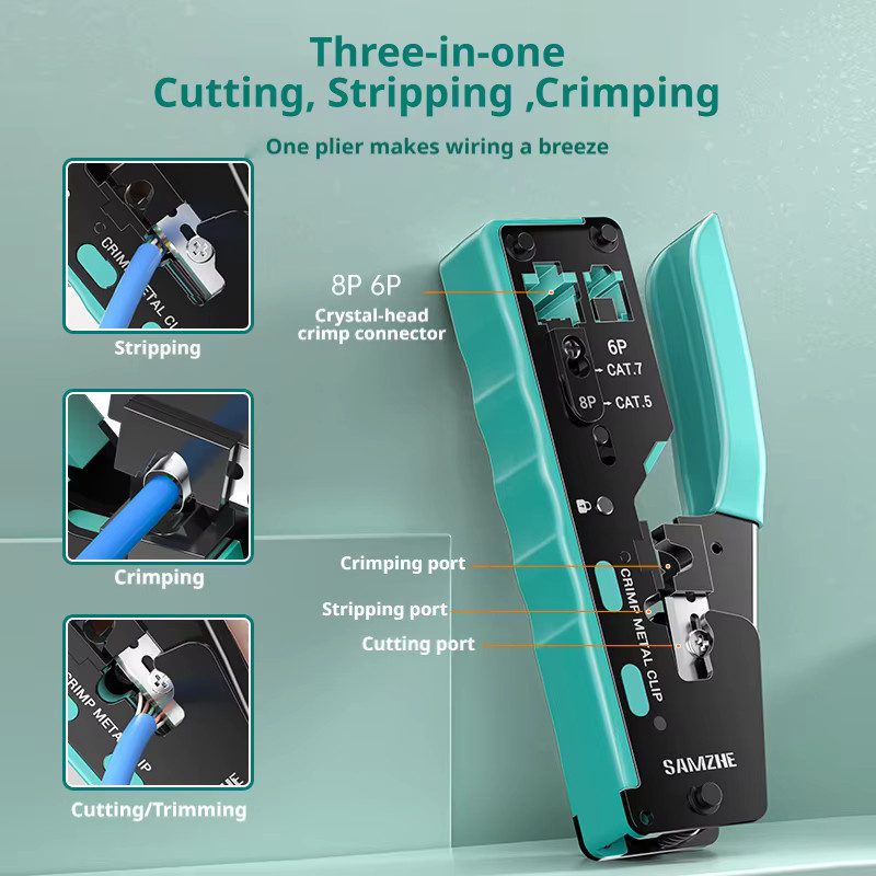 SAMZHE RJ45 Crimpzange mit Durchgangsfunktion und Schneidefunktion für Cat6a Cat6 Cat5 8P8C modulare Steckverbinder in Türkis - Bild 4