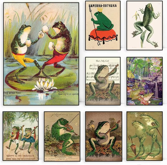 Potdemiel Japanisches Vintage-Leinwandgemälde mit buntem Frosch und Banjo als Wandkunst für dein Zuhause - Bild 1