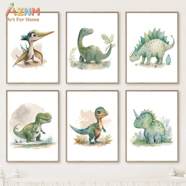 AZNM Aquarell-Dinosaurier Leinwanddruck als bunte Wandkunst für das Kinderzimmer - Bild 1