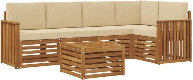 vidaXL Sofagarnitur 6-teilig L-Form aus Massivholz Akazie in Natur und Beige mit Polsterung und Armlehnen - Bild 1