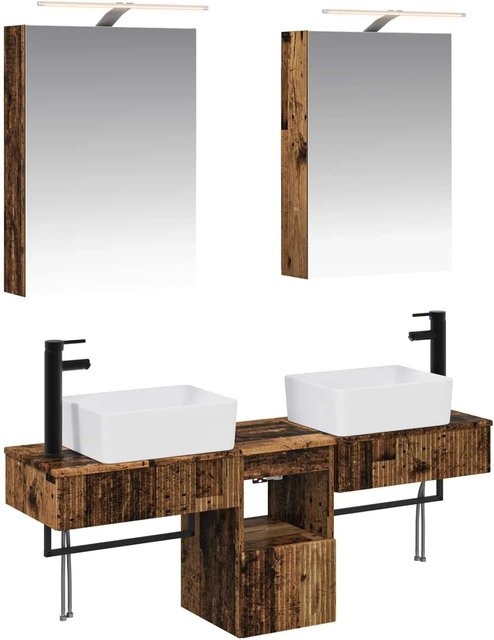 vidaXL Badezimmerschrank-Set 5-teilig in Altholz-Optik Braun mit LED-Beleuchtung und Spiegelschrank, B/T/H: 50 x 14,5 x 70 cm - Bild 1