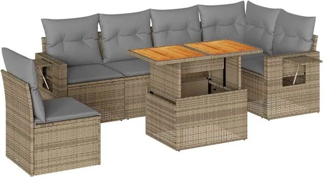 vidaXL 7-teilige Garten-Sofagarnitur in L-Form aus Poly-Rattan und Akazienholz mit Kissen in Beige und Grau - Bild 1