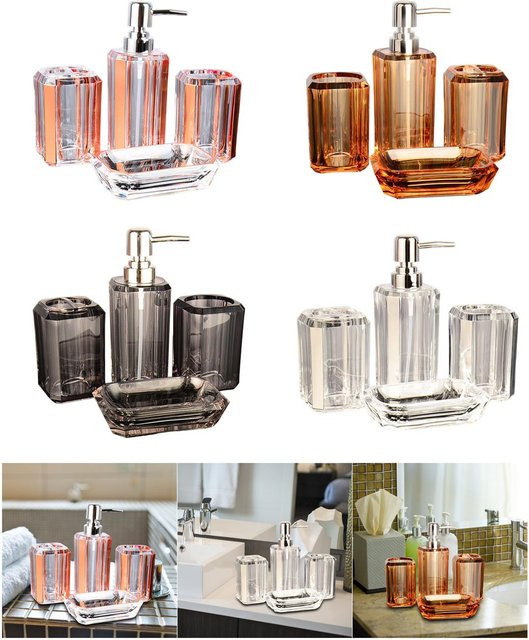 Kesoto 4-teiliges Badezimmer-Zubehör-Set aus Glas in Transparent Pink mit Seifenspender, Seifenschale, Zahnbürstenhalter und Becher - Bild 1