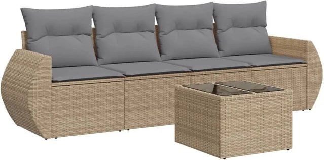 vidaXL 5-teilige Garten-Sofagarnitur in L-Form aus PE-Rattan mit Tisch und Kissen in Beige-Grau - Bild 1