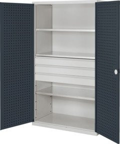 Kappes RasterPlan Großvolumenschrank aus Stahlblech in Grau mit Lochplatten-Tür innen, Ausstattung mit Regalböden, Schubladen und Schloss, H x B x T: 195,0 x 113,0 x 59,0 cm - Bild 1