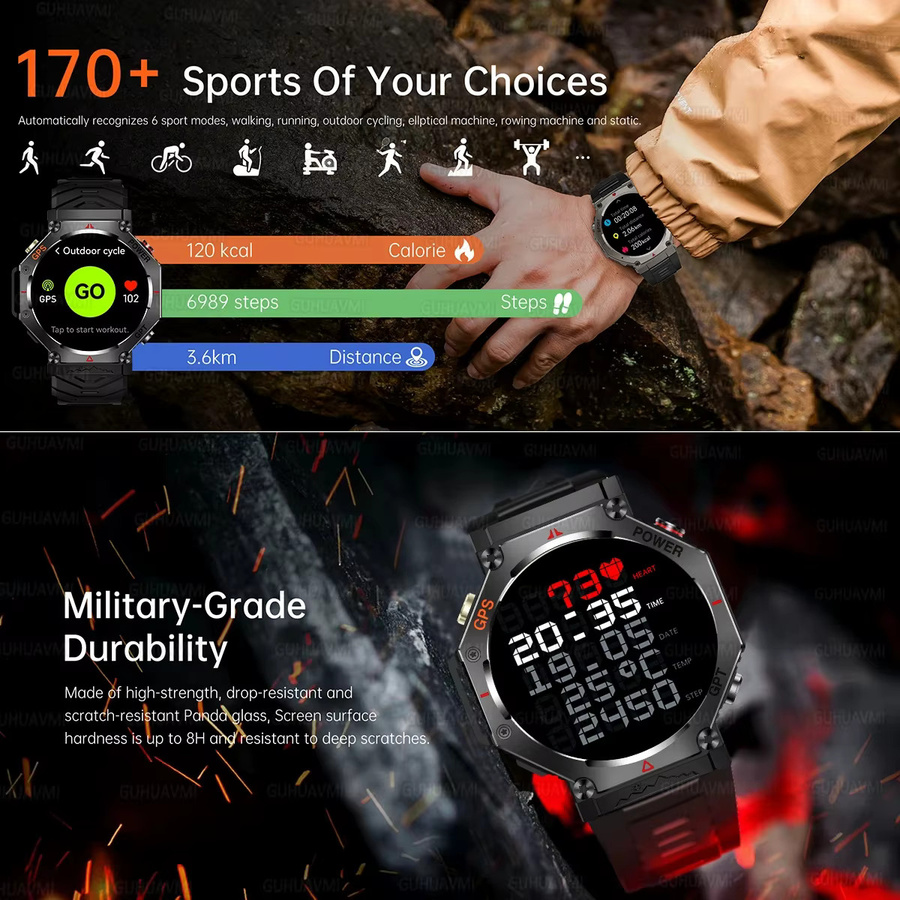 GUHUAVMI Militär Smartwatch für Männer mit GPS, AMOLED HD Display, Bluetooth Anruffunktion und Taschenlampe, wasserdicht 10ATM IP69K, Farbe: Schwarz - Bild 4