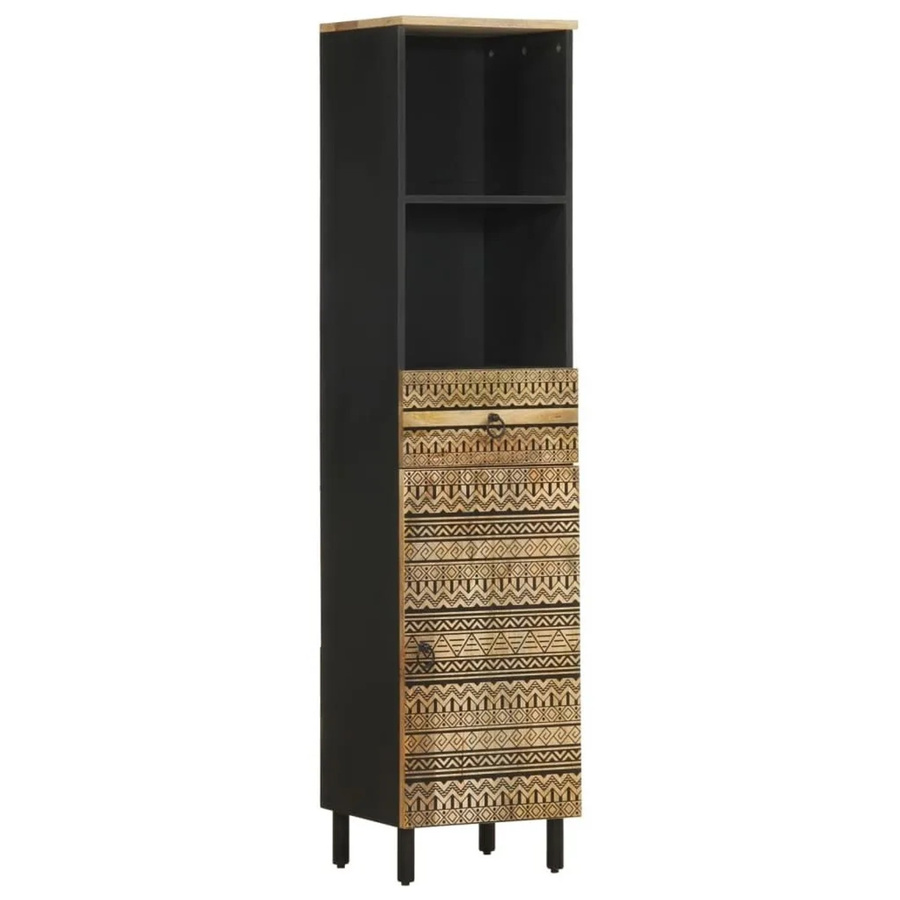 vidaXL Badschrank aus Massivholz Mango in Schwarz mit Blumenmuster im Retro-Stil, B/T/H: 38 x 33,5 x 160 cm - Bild 2