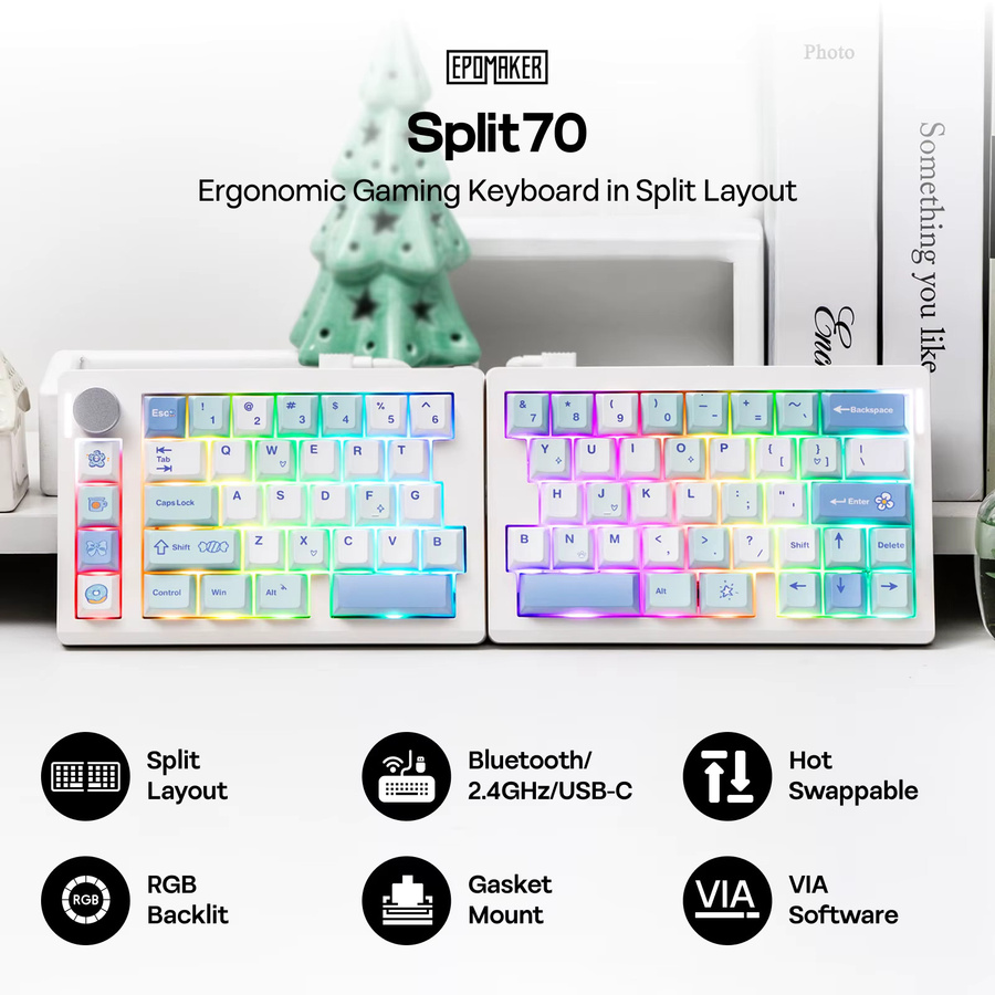 EPOMAKER Split70 QMK/VIA mechanische Gaming-Tastatur im 70 % Split-Layout mit Hot-Swap, kabellos via Bluetooth oder 2,4 GHz und kabelgebunden, weiß-blau - Bild 2