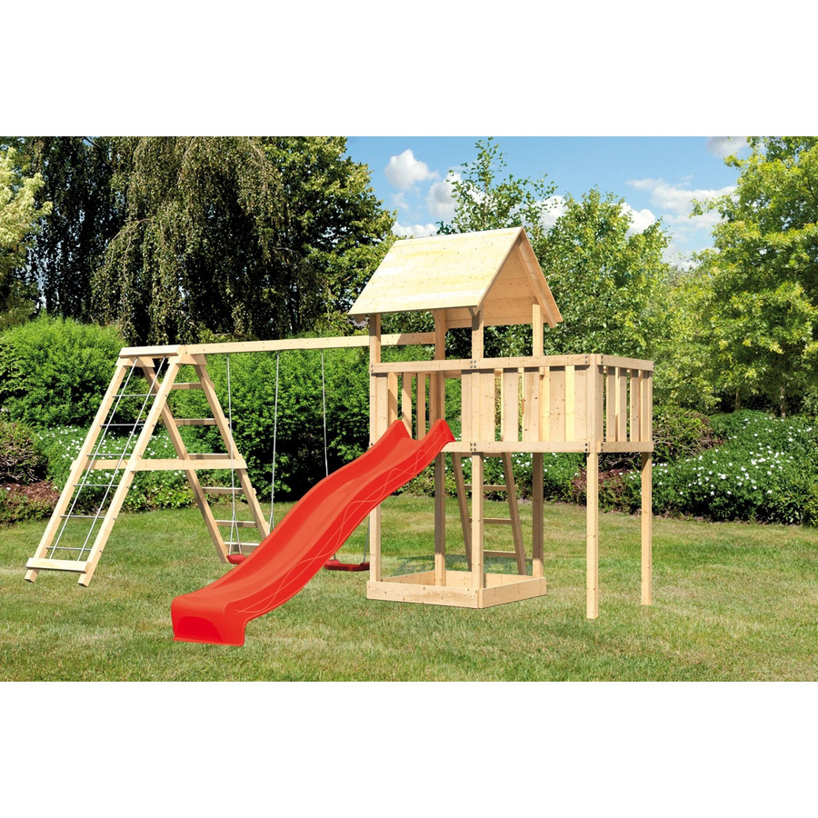 Karibu Spielturm Lotti mit Doppelschaukel, Klettergerüst, Anbau und Rutsche in Rot - Bild 2