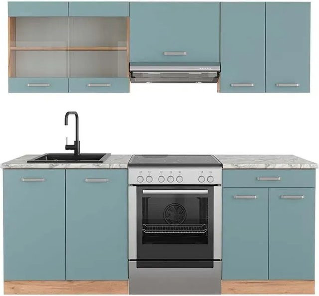 Vicco R-Line Küchenzeile Blau-Grau und Goldkraft Eiche mit Marmor-Optik, Breite: 200 cm - Bild 1