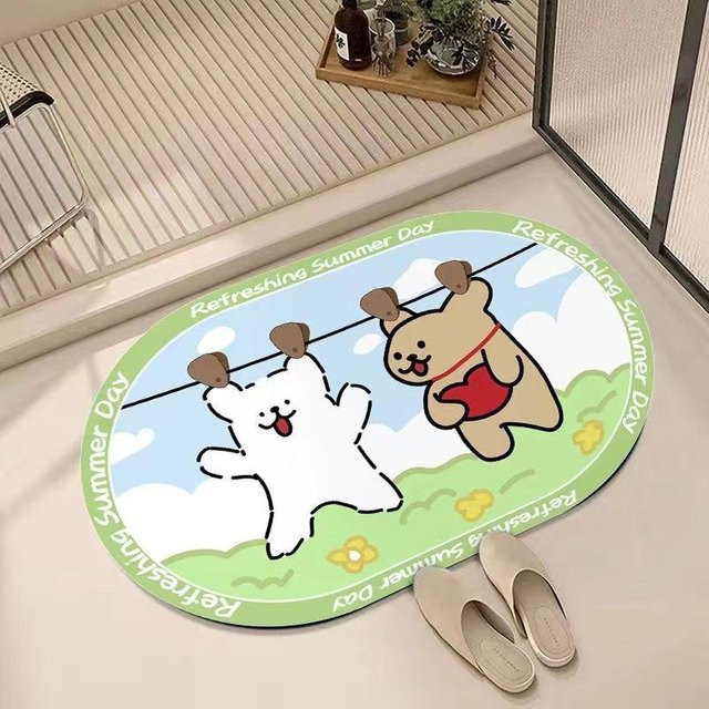 Saugfähige Badezimmer Bodenmatte mit Cartoon Welpe Design aus Diatomeenerde, rutschfest und antibakteriell, B/B: 40 x 60 cm, Mehrfarbig - Bild 1