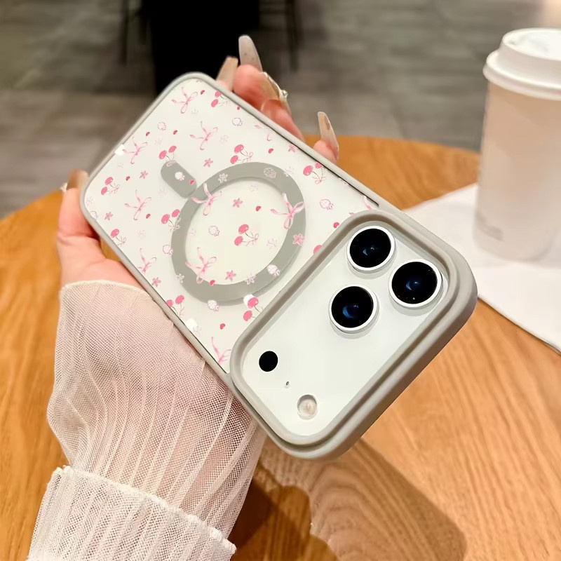 Magnetische iPhone Hülle mit Cartoon Kirsche und Schleife in Rosa für Apple iPhone 17 Pro Max 16 15 14 13 12 11 und iPhone Air 17E 16E 16 Plus - Bild 1