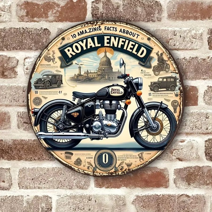 Royal Enfield Vintage Metallschild – Rundes Wandkunst-Dekor mit Motorrad und Big Ben, Durchmesser: 20 cm - Bild 3