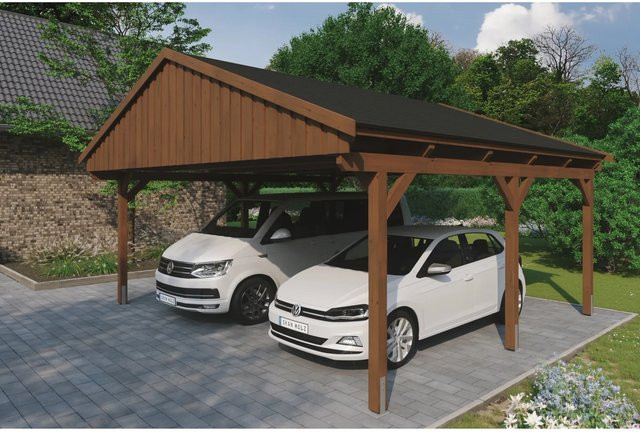 Skan Holz Carport Fichtelberg aus Fichte Leimholz in Nussbaum Braun mit spitzer Dachform und schwarzen Dachschindeln B: 618 cm, T: 566 cm, H: 362 cm - Bild 1