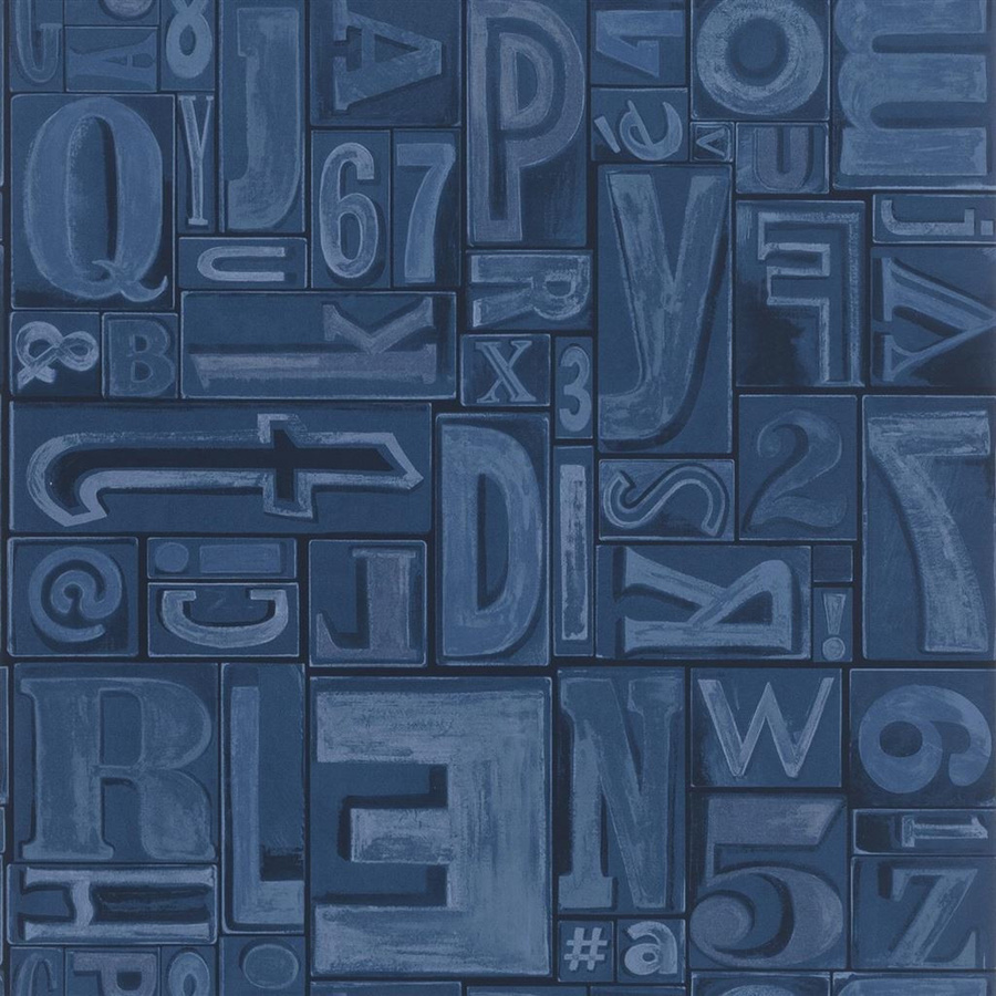 Ralph Lauren Tapete Copeley Letterpress Ink in Blau mit Typografie-Design und Vintage-Stil, Vlies-Tapete, vorgeklebt - Bild 1