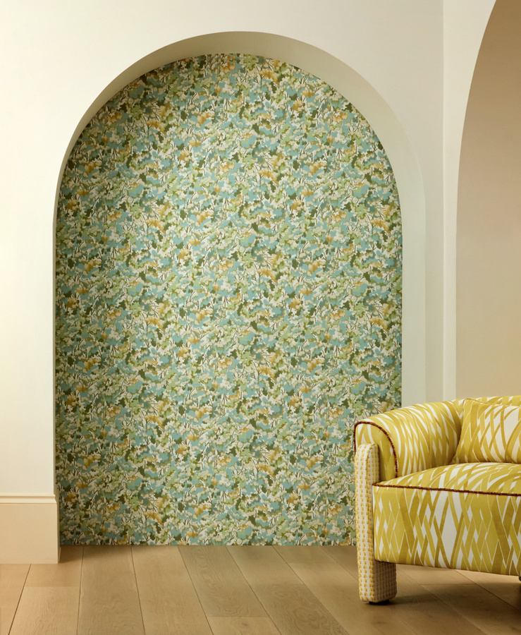 Harlequin Tapete Tree Tops in Honey/Clover/Sky mit botanischem Abstract-Design und Vintage-Stil - Bild 1