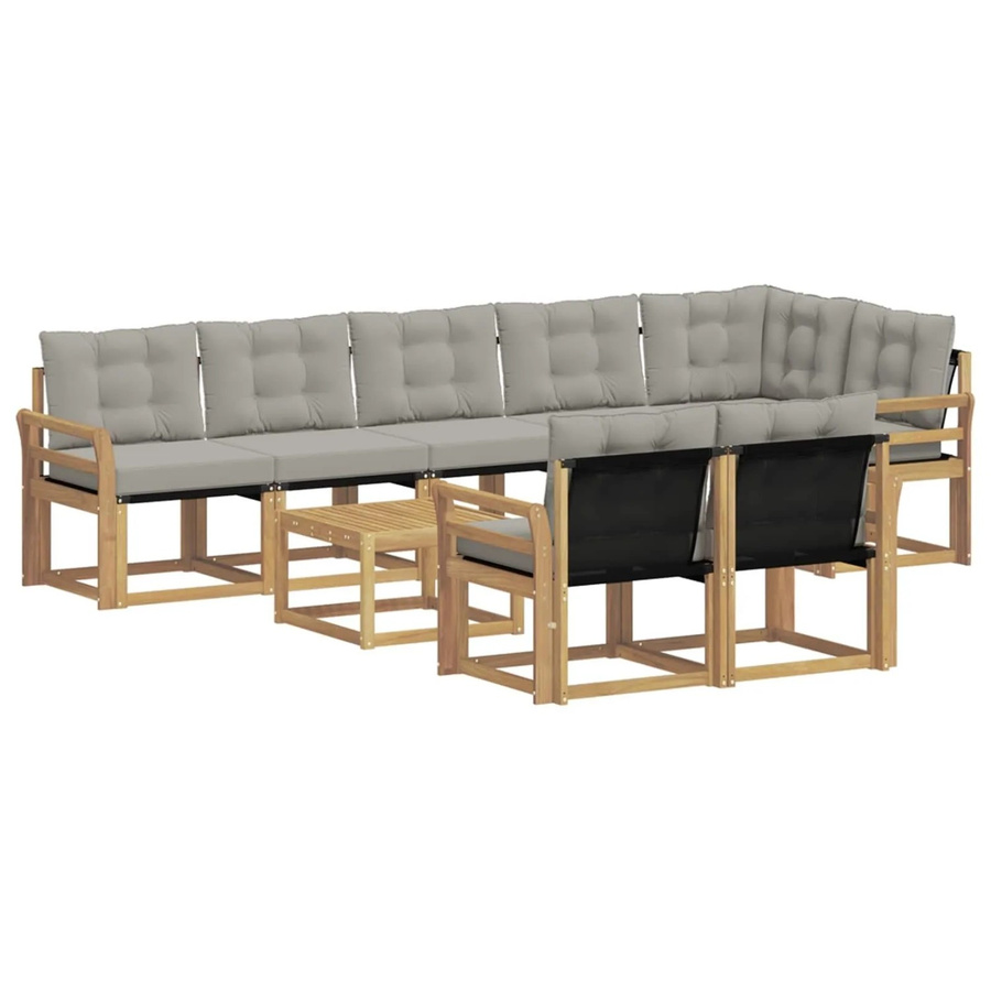 vidaXL Outdoor-Sofagarnitur 9-teilig aus Akazienholz und Textilene in Weiß-Hellgrau mit Kissen und Armlehnen - Bild 2
