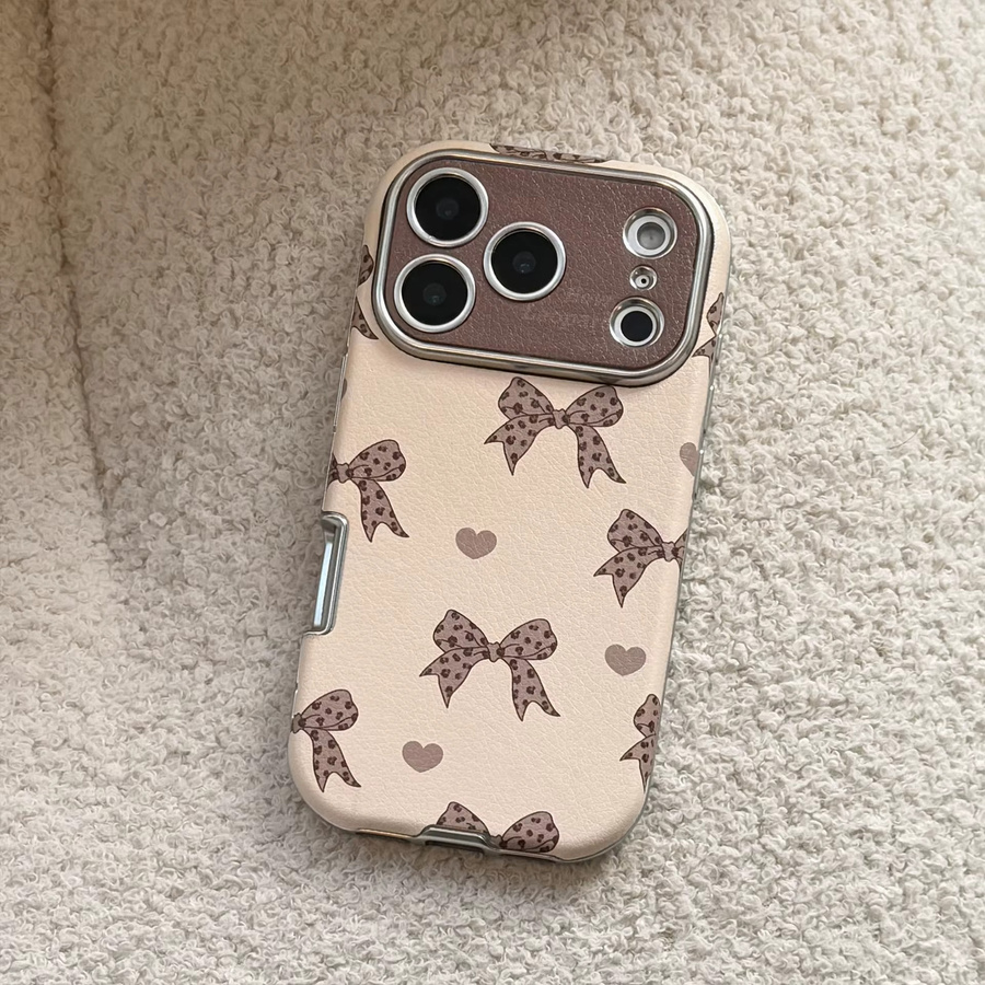 Stoßfeste Leder-Schutzhülle mit Retro-Leopardenmuster und Schleife für iPhone 12 bis 17 Pro Max Plus in Braun und Beige - Bild 3