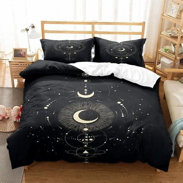 Binchi Outdoor Product Bettwäscheset Sonne Mond Galaxie in Schwarz und Gold, Boho Astrologie Design aus Polyester, B/H: 210 x 210 cm - Bild 1