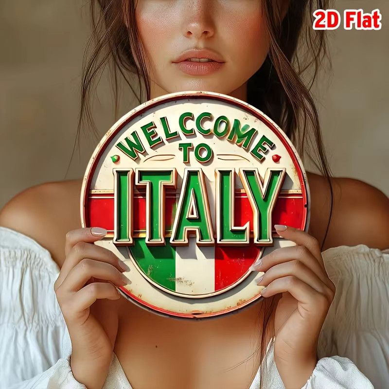 Potdemiel Retro Aluminium Wandschild Welcome to Italy Rund in italienischen Flaggenfarben - Bild 3