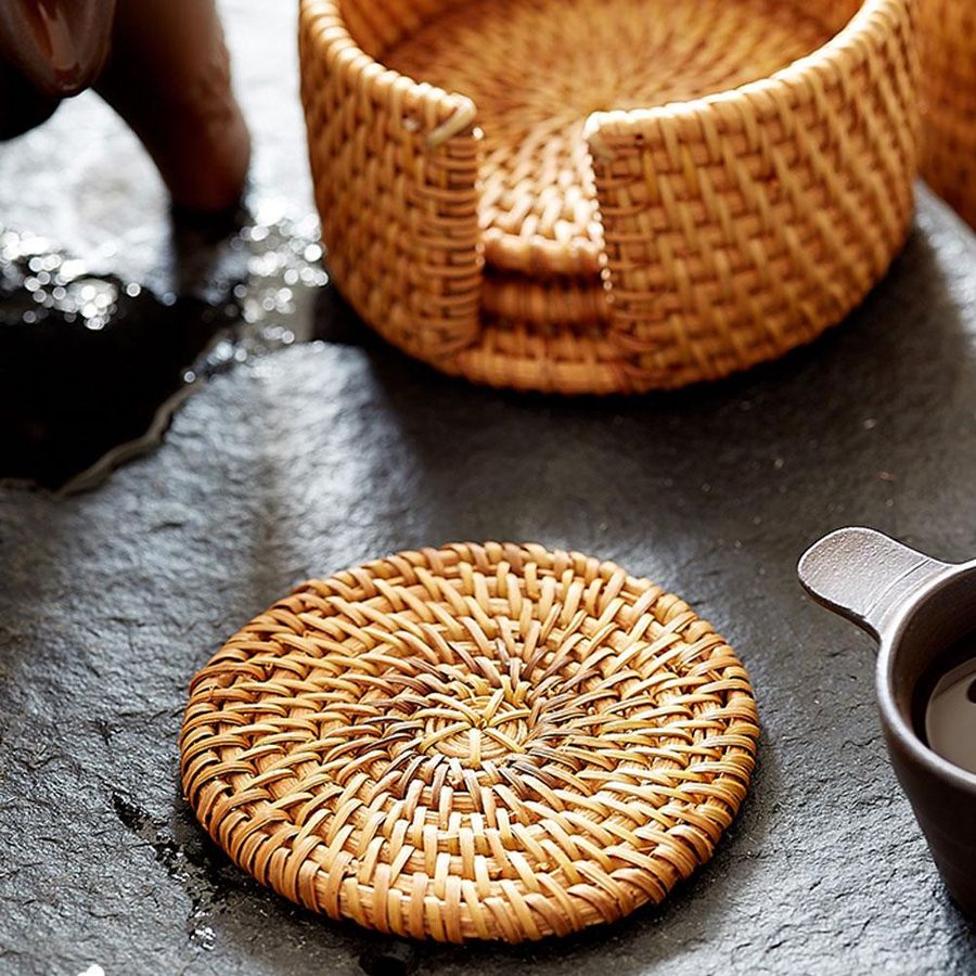 6 Stück mfySpace Vintage Rattan Untersetzer für Tee und Getränke, runde Isoliermatten aus geflochtenem Rattan - Bild 4