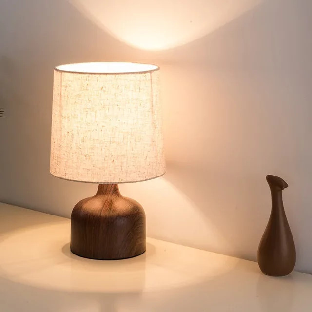 Vecli Nachttischlampe im japanischen Retro-Stil aus Holz und Metall mit warmweißem Stoffschirm für Schlafzimmer und Home-Office, Beige/Weiß - Bild 1