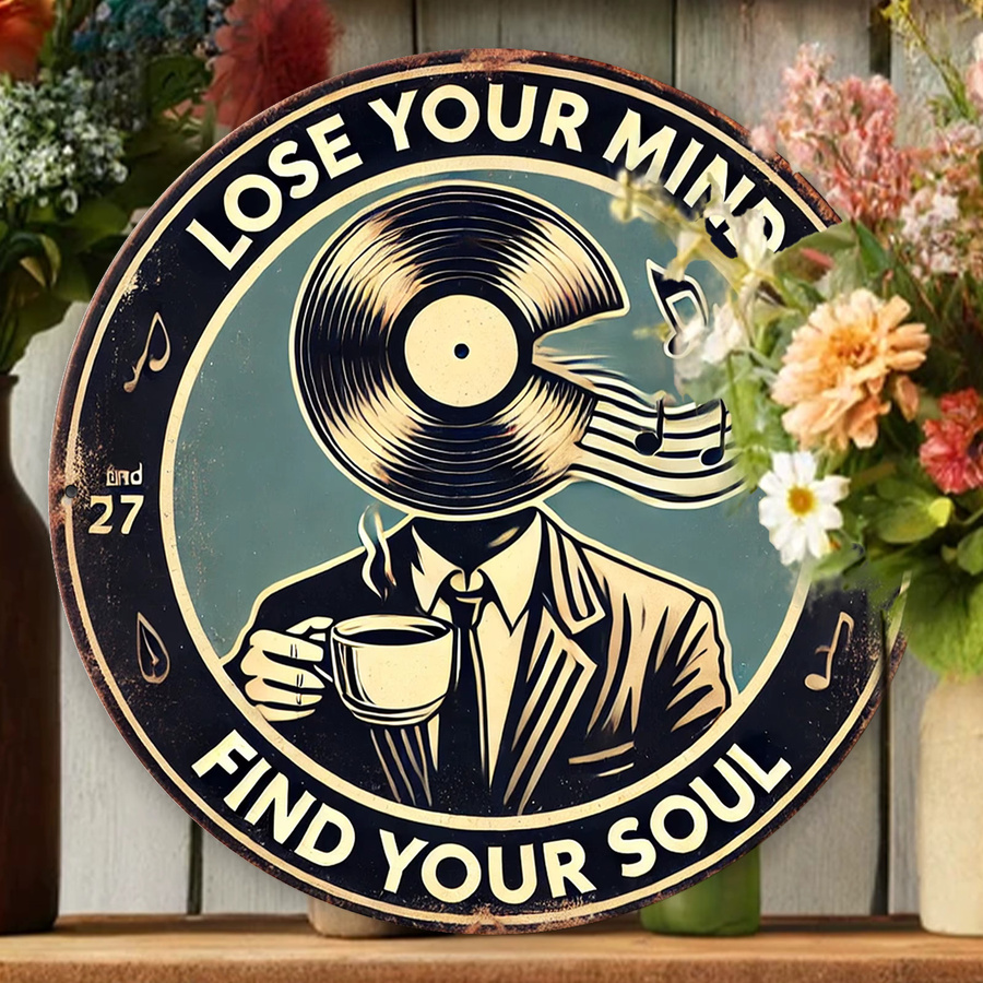 Potdemiel Metallwandschild im Vintage-Stil Lose Your Mind Find Your Soul mit Vinyl-Schallplatte und Kaffee-Motiv, B/H: 20,32 x 20,32 cm, Mehrfarbig - Bild 3