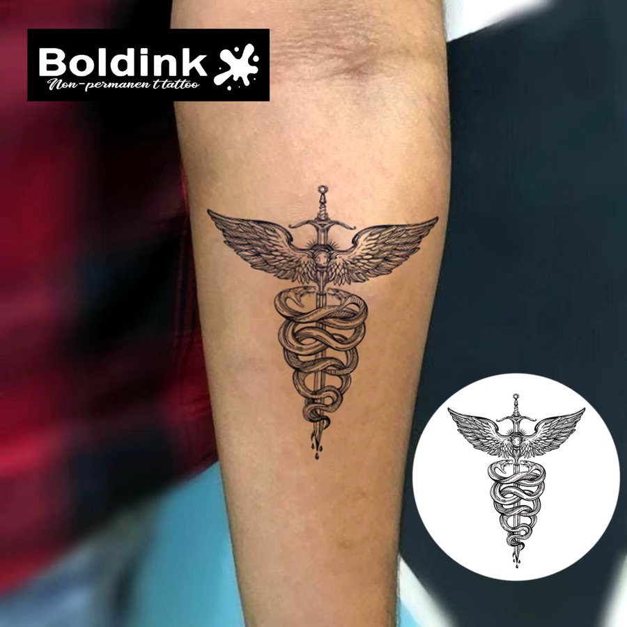 Boldink Temporäres Tattoo, Winged Caduceus Sword Design, wasserfest - Bild 2