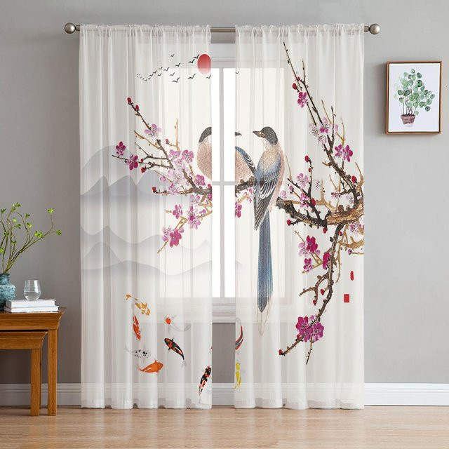Yiran Furniture Transparenter Voile-Vorhang mit Pflaumenblüten-Design in Weiß, Breite: 135 cm, Höhe: 115 cm - Bild 1