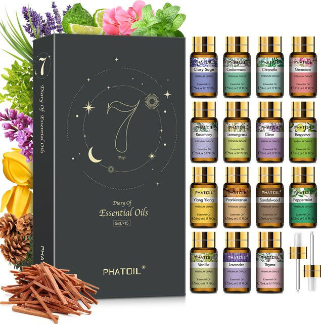 PHATOIL Ätherisches Öl-Set, 15 x 5 ml, Lavendel, Vanille, Zitronengras, Sandelholz - Bild 1