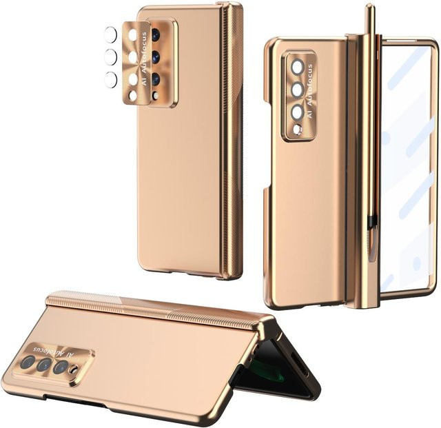 Samsung Galaxy Z Fold 4 und Z Fold 3 Schutzhülle mit gehärteter Glasfolie und S Pen Halterung inklusive Scharnierabdeckung in Beige - Bild 1