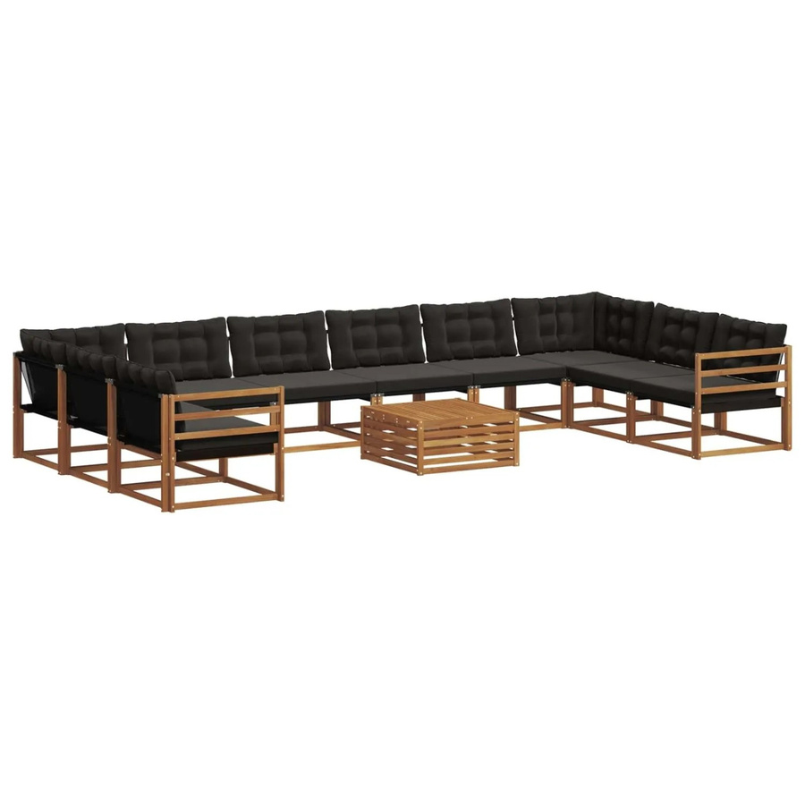 vidaXL Outdoor-Sofagarnitur aus massivem Akazienholz in U-Form, 11-teiliges Set mit Textilene-Bezug und Kissen, Natur und Schwarz - Bild 2