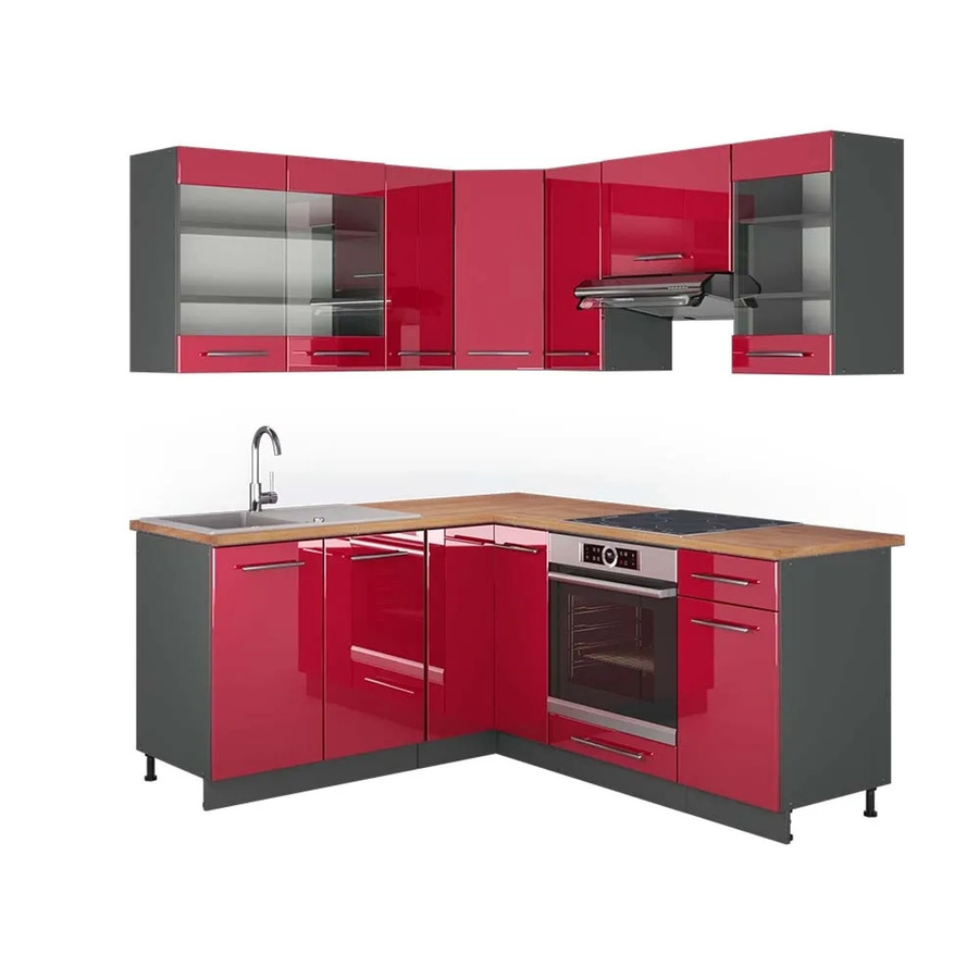 Vicco Fame-Line Eckküche in Bordeaux Hochglanz und Anthrazit mit Eichen-Optik, Breite: 160 cm, Tiefe: 190 cm - Bild 2