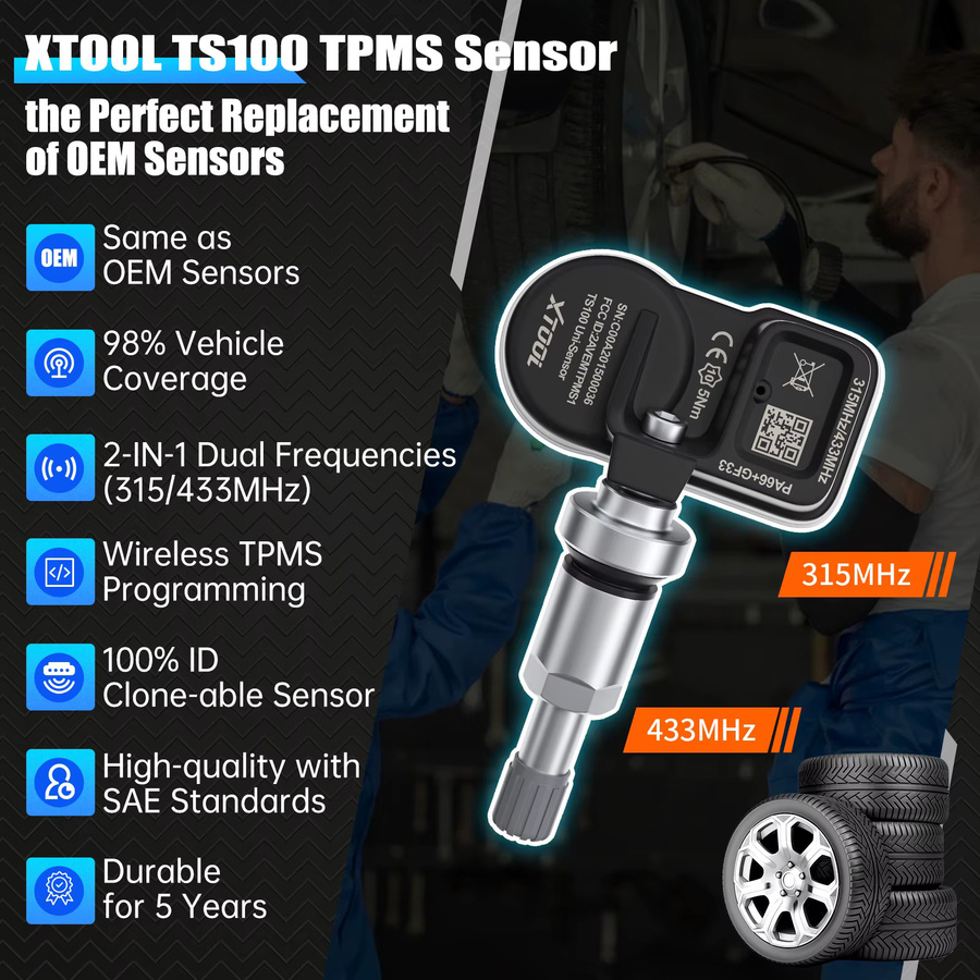 XTOOL TS100 TPMS-Reifendrucküberwachungssensor in Schwarz, 315 MHz oder 433 MHz, programmierbar mit XTOOL TP150 oder IP819TP - Bild 2