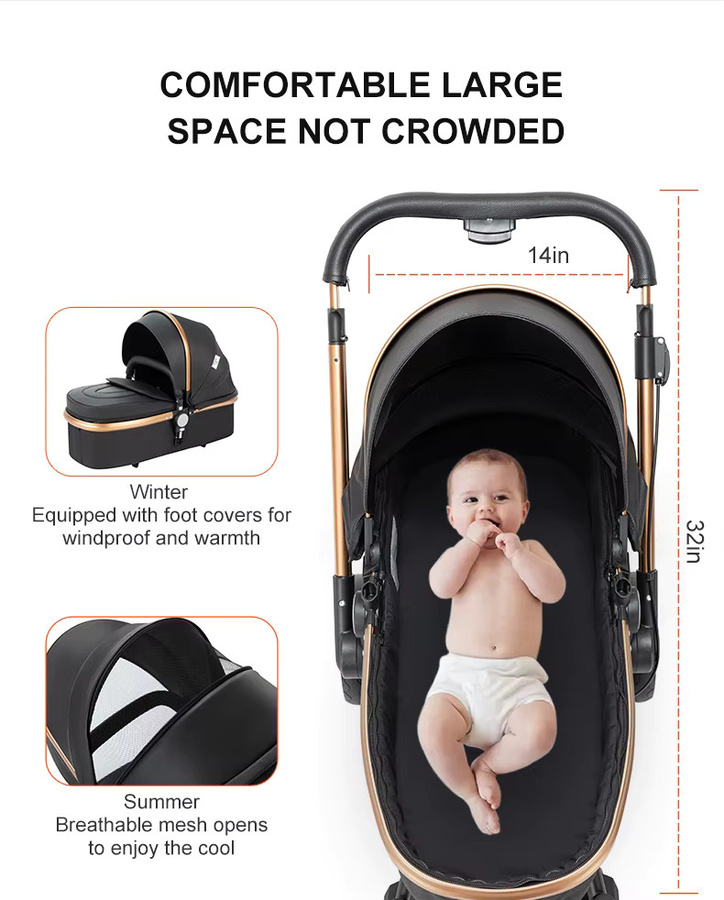Prokoke 3-in-1 Kinderwagen Reisesystem mit Babywanne, faltbar und leicht, Schwarz-Weiß - Bild 3