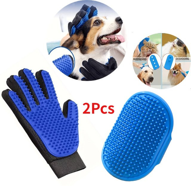 2-teiliges Fellpflegeset in Blau für Hunde, Katzen und Kaninchen mit Fellpflegebürste und Badreinigungshandschuh - Bild 1