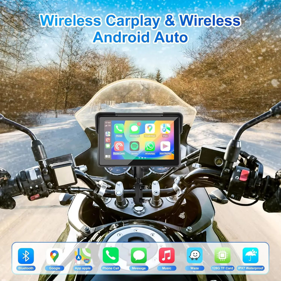 Jansite Motorrad Navigation GPS mit 7 Zoll Display, Wireless CarPlay und Android Auto Unterstützung, 2K Kamera und TPMS, Schwarz - Bild 2