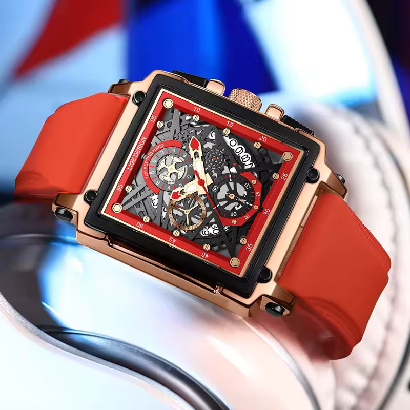 LIGE Chronograph Armbanduhr, Quarz, Eckig, Rot, Silikon, Herren - Bild 2